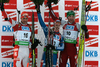 Second placed Roland Lessing of Estonia, winner Evgeny Ustyugov of Russia and third placed Simon Eder of Austria celebrating their medals won in men 12,5km pursuit race of e.on Ruhrgas IBU Biathlon World Cup 2009-10. Men pursuit race of e.on Ruhrgas IBU Biathlon World Cup was held in Pokljuka, Slovenia, on 20th of December 2009.
