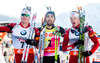 Second Emil Hegle Svendsen (NOR), Winner Martin Fourcade (FRA) and third Tarjei Boe (NOR) during Mens Pursuit of E. ON IBU Biathlon World Cup at the Biathlonstadium in Hochfilzen, Austria on 2013/12/08.
