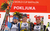 Winner Bjoern Ferry of Sweden (M), second placed Anton Shipulin of Russia (L) and third placed Arnd Peiffer of Germany (R) celebrate their medals won in the men IBU E.on Biathlon World cup sprint race in Pokljuka, Slovenia. Men sprint race of IBU E.on Biathlon World cup was held on Thursday, 6th of March 2014 in Pokljuka, Slovenia.

