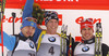 Winner Bjoern Ferry of Sweden (M), second placed Anton Shipulin of Russia (L) and third placed Arnd Peiffer of Germany (R) celebrate their medals won in the men IBU E.on Biathlon World cup sprint race in Pokljuka, Slovenia. Men sprint race of IBU E.on Biathlon World cup was held on Thursday, 6th of March 2014 in Pokljuka, Slovenia.
