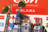 Winner Bjoern Ferry of Sweden (M), second placed Anton Shipulin of Russia (L) and third placed Arnd Peiffer of Germany (R) celebrate their medals won in the men IBU E.on Biathlon World cup sprint race in Pokljuka, Slovenia. Men sprint race of IBU E.on Biathlon World cup was held on Thursday, 6th of March 2014 in Pokljuka, Slovenia.
