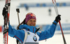 Winner Katharina Innerhofer of Austria celebrates her medal won in the women IBU E.on Biathlon World cup sprint race in Pokljuka, Slovenia. Women sprint race of IBU E.on Biathlon World cup was held on Thursday, 6th of March 2014 in Pokljuka, Slovenia.
