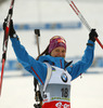 Winner Katharina Innerhofer of Austria celebrates her medal won in the women IBU E.on Biathlon World cup sprint race in Pokljuka, Slovenia. Women sprint race of IBU E.on Biathlon World cup was held on Thursday, 6th of March 2014 in Pokljuka, Slovenia.

