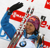 Winner Katharina Innerhofer of Austria celebrates her medal won in the women IBU E.on Biathlon World cup sprint race in Pokljuka, Slovenia. Women sprint race of IBU E.on Biathlon World cup was held on Thursday, 6th of March 2014 in Pokljuka, Slovenia.
