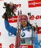 Winner Katharina Innerhofer of Austria celebrates her medal won in the women IBU E.on Biathlon World cup sprint race in Pokljuka, Slovenia. Women sprint race of IBU E.on Biathlon World cup was held on Thursday, 6th of March 2014 in Pokljuka, Slovenia.
