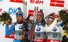 Winner Katharina Innerhofer of Austria (M), second placed Daria Virolaynen of Russia (L) and third placed Nadezhda Skardino of Belarus (R) celebrate their medals won in the women IBU E.on Biathlon World cup sprint race in Pokljuka, Slovenia. Women sprint race of IBU E.on Biathlon World cup was held on Thursday, 6th of March 2014 in Pokljuka, Slovenia.

