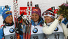 Winner Katharina Innerhofer of Austria (M), second placed Daria Virolaynen of Russia (L) and third placed Nadezhda Skardino of Belarus (R) celebrate their medals won in the women IBU E.on Biathlon World cup sprint race in Pokljuka, Slovenia. Women sprint race of IBU E.on Biathlon World cup was held on Thursday, 6th of March 2014 in Pokljuka, Slovenia.
