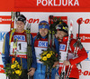Winner Anton Shipulin of Russia (middle), second placed Bjoern Ferry of Sweden (left) and third placed Ole Einar Bjoerndalen of Norway (right) at the men IBU E.on Biathlon World cup pursuit race in Pokljuka, Slovenia. Men pursuit race of IBU E.on Biathlon World cup was held on Saturday, 8th of March 2014 in Pokljuka, Slovenia.
