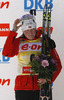 Second placed Tora Berger of Norway at the flower ceremony of the women IBU E.on Biathlon World cup pursuit race in Pokljuka, Slovenia. Women pursuit race of IBU E.on Biathlon World cup was held on Saturday, 8th of March 2014 in Pokljuka, Slovenia.
