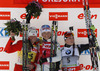 Winner Kaisa Makarainen of Finland (middle), second placed Tora Berger of Norway (left) and third placed Dorothea Wierer of Italy (right) at the flower ceremony of the women IBU E.on Biathlon World cup pursuit race in Pokljuka, Slovenia. Women pursuit race of IBU E.on Biathlon World cup was held on Saturday, 8th of March 2014 in Pokljuka, Slovenia.
