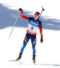 Third placed Evgeny Ustyugov of Russia crossing finish line during men IBU E.on Biathlon World cup mass start race in Pokljuka, Slovenia. 15km long men mass start race of IBU E.on Biathlon World cup was held on Sunday, 9th of March 2014 in Pokljuka, Slovenia.
