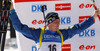 Winner Bjoern Ferry of Sweden celebrates his medal won in men IBU E.on Biathlon World cup mass start race in Pokljuka, Slovenia. 15km long men mass start race of IBU E.on Biathlon World cup was held on Sunday, 9th of March 2014 in Pokljuka, Slovenia.
