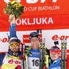 Winner Bjoern Ferry of Sweden (M), second placed Martin Fourcade of France (L) and third placed Evgeny Ustyugov of Russia (R) celebrate their medals won in men IBU E.on Biathlon World cup mass start race in Pokljuka, Slovenia. 15km long men mass start race of IBU E.on Biathlon World cup was held on Sunday, 9th of March 2014 in Pokljuka, Slovenia.
