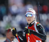 Kaisa Makarainen of Finland during zeroing before start of the women IBU E.on Biathlon World cup mass start race in Pokljuka, Slovenia. 12.5km long women mass start race of IBU E.on Biathlon World cup was held on Sunday, 9th of March 2014 in Pokljuka, Slovenia.
