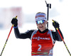 Second placed Kaisa Makarainen of Finland celebrates her second place crossing finish line during women IBU E.on Biathlon World cup mass start race in Pokljuka, Slovenia. 12.5km long women mass start race of IBU E.on Biathlon World cup was held on Sunday, 9th of March 2014 in Pokljuka, Slovenia.
