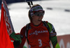 Winner Darya Domracheva of Belarus celebrates her victory crossing finish line during women IBU E.on Biathlon World cup mass start race in Pokljuka, Slovenia. 12.5km long women mass start race of IBU E.on Biathlon World cup was held on Sunday, 9th of March 2014 in Pokljuka, Slovenia.
