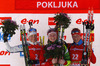 Winner Darya Domracheva of Belarus (M), second placed Kaisa Makarainen of Finland (L) and theird placed Olga Zaitseva of Russia (R) celebrate their medals won in women IBU E.on Biathlon World cup mass start race in Pokljuka, Slovenia. 12.5km long women mass start race of IBU E.on Biathlon World cup was held on Sunday, 9th of March 2014 in Pokljuka, Slovenia.
