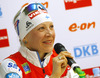 Kaisa Makarainen of Finland  during press conference after women IBU E.on Biathlon World cup mass start race in Pokljuka, Slovenia. 12.5km long women mass start race of IBU E.on Biathlon World cup was held on Sunday, 9th of March 2014 in Pokljuka, Slovenia.

