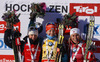 Winner Kaisa Makarainen of Finland (M), second placed Karin Oberhofer of Italy (L) and third placed Tiril Eckhoff of Norway (R) celebrate their medals won in Women sprint race of IBU Biathlon World Cup in Hochfilzen, Austria. Women sprint race of IBU Biathlon World cup was held on Friday, 12th of December 2014 in Hochfilzen, Austria.
