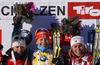 Winner Kaisa Makarainen of Finland (M), second placed Karin Oberhofer of Italy (L) and third placed Tiril Eckhoff of Norway (R) celebrate their medals won in Women sprint race of IBU Biathlon World Cup in Hochfilzen, Austria. Women sprint race of IBU Biathlon World cup was held on Friday, 12th of December 2014 in Hochfilzen, Austria.
