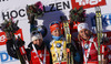 Winner Kaisa Makarainen of Finland (M), second placed Karin Oberhofer of Italy (L) and third placed Tiril Eckhoff of Norway (R) celebrate their medals won in Women sprint race of IBU Biathlon World Cup in Hochfilzen, Austria. Women sprint race of IBU Biathlon World cup was held on Friday, 12th of December 2014 in Hochfilzen, Austria.
