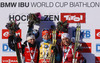 Winner Kaisa Makarainen of Finland (M), second placed Karin Oberhofer of Italy (L) and third placed Tiril Eckhoff of Norway (R) celebrate their medals won in Women sprint race of IBU Biathlon World Cup in Hochfilzen, Austria. Women sprint race of IBU Biathlon World cup was held on Friday, 12th of December 2014 in Hochfilzen, Austria.
