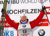 Winner Johannes Thingnes Boe of Norway celebrates his medal won in Men sprint race of IBU Biathlon World Cup in Hochfilzen, Austria. Men sprint race of IBU Biathlon World cup was held on Friday, 12th of December 2014 in Hochfilzen, Austria.
