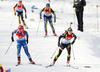 Enora Latuilliere of France (R) and Gabriela Soukalova of Czech (L) skiing during Women relay race of IBU Biathlon World Cup in Hochfilzen, Austria. Women relay race of IBU Biathlon World cup was held on Saturday, 13th of December 2014 in Hochfilzen, Austria.
