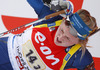 Emma Nilsson of Sweden laying in snow exhausted after end of her leg during Women relay race of IBU Biathlon World Cup in Hochfilzen, Austria. Women relay race of IBU Biathlon World cup was held on Saturday, 13th of December 2014 in Hochfilzen, Austria.
