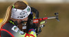 Darya Domracheva of Belarus shooting during Women relay race of IBU Biathlon World Cup in Hochfilzen, Austria. Women relay race of IBU Biathlon World cup was held on Saturday, 13th of December 2014 in Hochfilzen, Austria.
