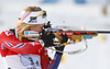 Tiril Eckhoff of Norway shooting during Women relay race of IBU Biathlon World Cup in Hochfilzen, Austria. Women relay race of IBU Biathlon World cup was held on Saturday, 13th of December 2014 in Hochfilzen, Austria.
