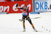 Franziska Preuss of Germany celebrates while crossing finish line as winner during Women relay race of IBU Biathlon World Cup in Hochfilzen, Austria. Women relay race of IBU Biathlon World cup was held on Saturday, 13th of December 2014 in Hochfilzen, Austria.
