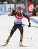 Franziska Preuss of Germany celebrates while crossing finish line as winner during Women relay race of IBU Biathlon World Cup in Hochfilzen, Austria. Women relay race of IBU Biathlon World cup was held on Saturday, 13th of December 2014 in Hochfilzen, Austria.
