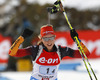 Franziska Preuss of Germany celebrates while crossing finish line as winner during Women relay race of IBU Biathlon World Cup in Hochfilzen, Austria. Women relay race of IBU Biathlon World cup was held on Saturday, 13th of December 2014 in Hochfilzen, Austria.
