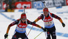Vanessa Hinz of Germany (R) changes to Franziska Preuss of Germany (L) after third leg during Women relay race of IBU Biathlon World Cup in Hochfilzen, Austria. Women relay race of IBU Biathlon World cup was held on Saturday, 13th of December 2014 in Hochfilzen, Austria.
