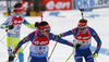 Jitka Landova of Czech (R) changes to Veronika Vitkova of Czech (L) after third leg during Women relay race of IBU Biathlon World Cup in Hochfilzen, Austria. Women relay race of IBU Biathlon World cup was held on Saturday, 13th of December 2014 in Hochfilzen, Austria.
