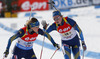 Emma Nilsson of Sweden (R) changes to Ingela Andersson of Sweden (L) after end of third leg during Women relay race of IBU Biathlon World Cup in Hochfilzen, Austria. Women relay race of IBU Biathlon World cup was held on Saturday, 13th of December 2014 in Hochfilzen, Austria.
