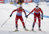 Fanny Welle-Strand Horn of Norway (R) changes to Tiril Eckhoff of Norway (L) after end of third leg during Women relay race of IBU Biathlon World Cup in Hochfilzen, Austria. Women relay race of IBU Biathlon World cup was held on Saturday, 13th of December 2014 in Hochfilzen, Austria.
