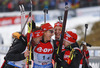Winning team of Germany with Luise Kummer, Franziska Hildebrand, Vanessa Hinz and Franziska Preuss celebrate their victory in finish of the Women relay race of IBU Biathlon World Cup in Hochfilzen, Austria. Women relay race of IBU Biathlon World cup was held on Saturday, 13th of December 2014 in Hochfilzen, Austria.
