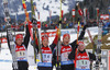 Winning team of Germany with Luise Kummer, Franziska Hildebrand, Vanessa Hinz and Franziska Preuss celebrate their victory in finish of the Women relay race of IBU Biathlon World Cup in Hochfilzen, Austria. Women relay race of IBU Biathlon World cup was held on Saturday, 13th of December 2014 in Hochfilzen, Austria.
