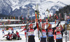 Winning team of Germany with Luise Kummer, Franziska Hildebrand, Vanessa Hinz and Franziska Preuss celebrate their victory in finish of the Women relay race of IBU Biathlon World Cup in Hochfilzen, Austria. Women relay race of IBU Biathlon World cup was held on Saturday, 13th of December 2014 in Hochfilzen, Austria.
