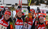 Winning team of Germany with Luise Kummer, Franziska Hildebrand, Vanessa Hinz and Franziska Preuss celebrate their victory in finish of the Women relay race of IBU Biathlon World Cup in Hochfilzen, Austria. Women relay race of IBU Biathlon World cup was held on Saturday, 13th of December 2014 in Hochfilzen, Austria.
