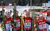 Second placed team of Belarus with Nadezhda Skardino, Nastassia Dubarezava, Nadzeya Pisareva and Darya Domracheva celebrate their medal in finish of the Women relay race of IBU Biathlon World Cup in Hochfilzen, Austria. Women relay race of IBU Biathlon World cup was held on Saturday, 13th of December 2014 in Hochfilzen, Austria.
