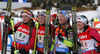 Second placed team of Belarus with Nadezhda Skardino, Nastassia Dubarezava, Nadzeya Pisareva and Darya Domracheva celebrate their medal in finish of the Women relay race of IBU Biathlon World Cup in Hochfilzen, Austria. Women relay race of IBU Biathlon World cup was held on Saturday, 13th of December 2014 in Hochfilzen, Austria.
