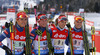 Third placed team of Czech with Eva Puskarcikova, Gabriela Soukalova, Jitka Landova and Veronika Vitkova celebrate their medal in finish of the Women relay race of IBU Biathlon World Cup in Hochfilzen, Austria. Women relay race of IBU Biathlon World cup was held on Saturday, 13th of December 2014 in Hochfilzen, Austria.
