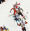 Johannes Thingnes Boe of Norway leading group during Men relay race of IBU Biathlon World Cup in Hochfilzen, Austria. Men relay race of IBU Biathlon World cup was held on Saturday, 13th of December 2014 in Hochfilzen, Austria.
