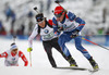 Jaroslav Soukup of Czech followed by Brendan Green of Canada during Men relay race of IBU Biathlon World Cup in Hochfilzen, Austria. Men relay race of IBU Biathlon World cup was held on Saturday, 13th of December 2014 in Hochfilzen, Austria.
