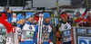 Winning team of Russian with Maxim Tsvetkov, Timofey Lapshin, Dmitry Malyshko and Anton Shipulin celebrate their victory in finish of the Men relay race of IBU Biathlon World Cup in Hochfilzen, Austria. Men relay race of IBU Biathlon World cup was held on Saturday, 13th of December 2014 in Hochfilzen, Austria.
