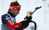 Anton Shipulin of Russia getting ready for shooting during Men relay race of IBU Biathlon World Cup in Hochfilzen, Austria. Men relay race of IBU Biathlon World cup was held on Saturday, 13th of December 2014 in Hochfilzen, Austria.
