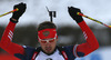 Anton Shipulin of Russia celebrates victory of his relay when crossing finish line of the Men relay race of IBU Biathlon World Cup in Hochfilzen, Austria. Men relay race of IBU Biathlon World cup was held on Saturday, 13th of December 2014 in Hochfilzen, Austria.
